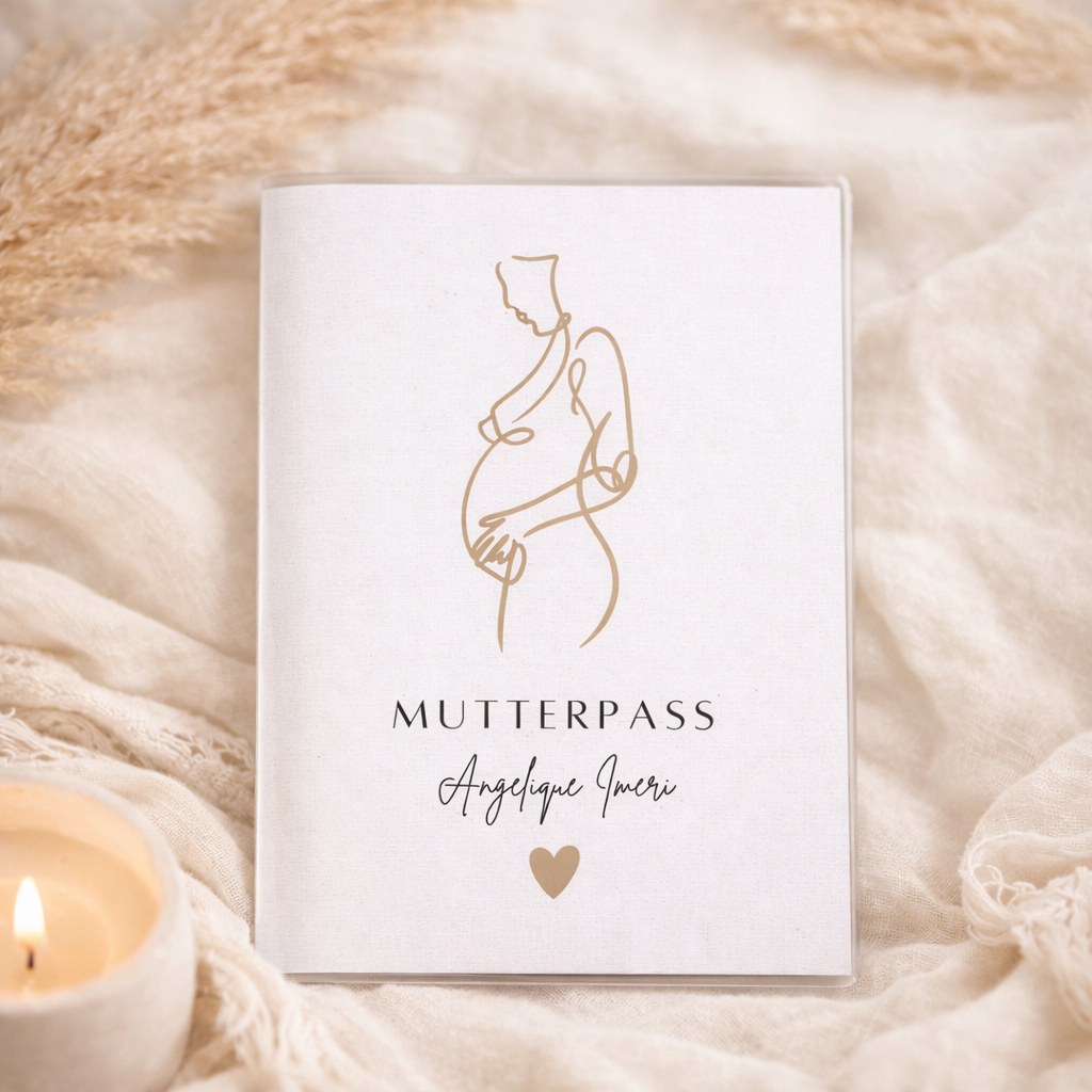 Mutterpass Hülle personalisiert Schwangerschaft mit Name, minimalistisches Babybauch Design, hochwertiges Papier, Geschenk für werdende Mama.