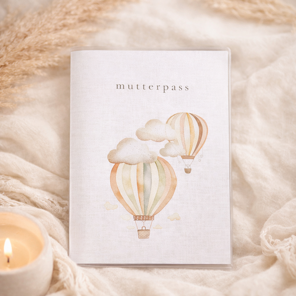 Personalisierte Mutterpass Hülle mit Heißluftballon Motiv in Pastellfarben, neutrales Schwangerschaft Geschenk für werdende Mama.