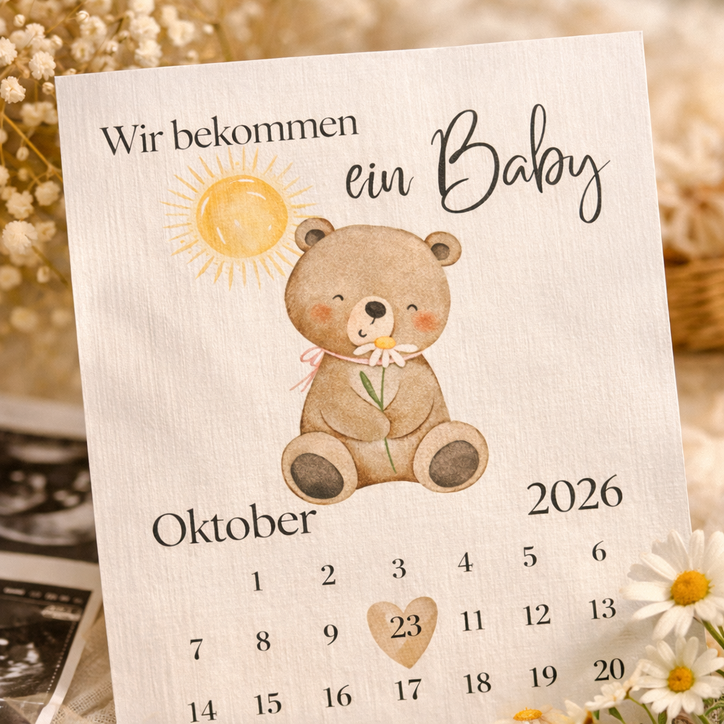 Schwangerschaftsverkündung Karte mit Bärchen Motiv und Kalender im Boho Stil auf Leinenpapier A6 – personalisierte Baby Ankündigung mit Stichtag, Nahaufnahme vom Leinenpapier, Struktur