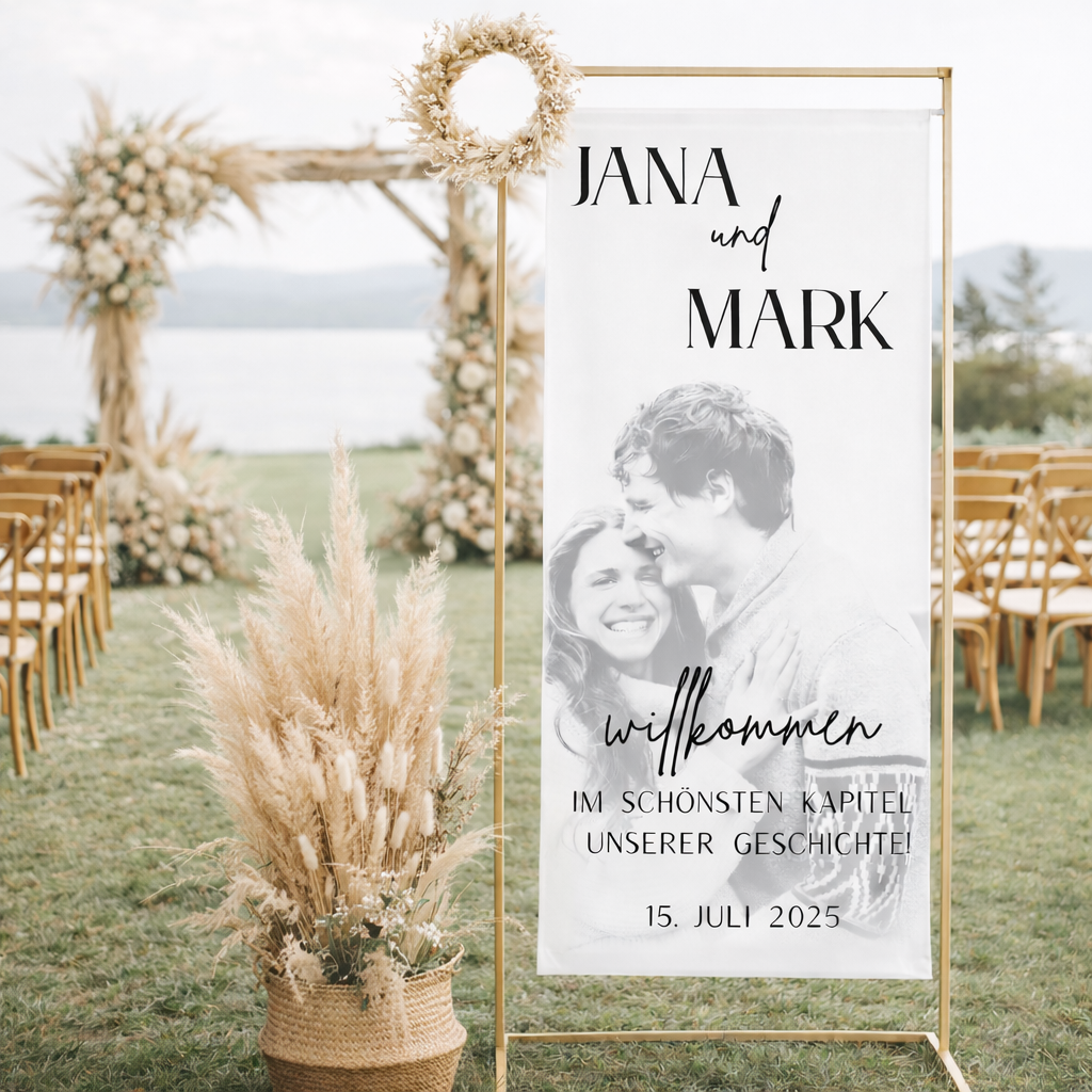 Boho Hochzeits Willkommensbanner 100x200 cm mit personalisiertem Foto, Namen und Datum, Dekobanner für freie Trauung im rustikalen Stil