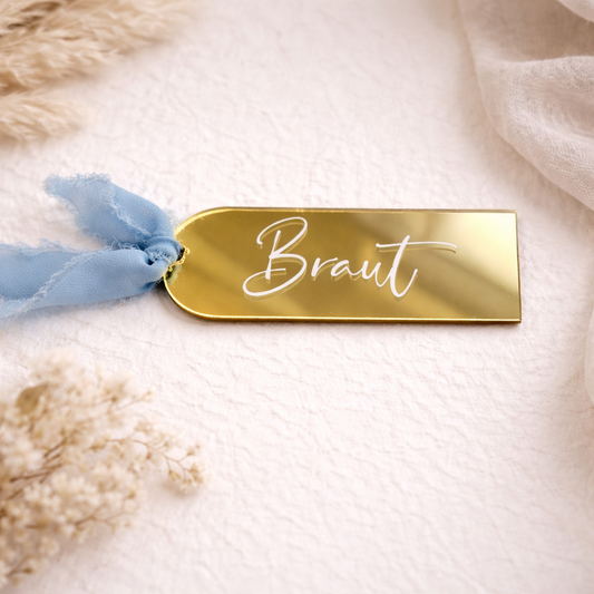 Platzkarte mit Chiffonband blau in Gold