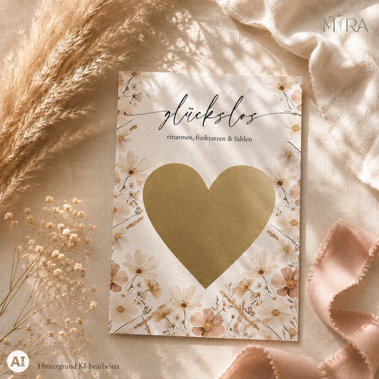 Personalisiertes Rubbellos zur Schwangerschaftsverkündung „Glückslos", zarte Creme-Wildblumen als Rahmen mit goldenem Rubbel-Herz – ma e mira