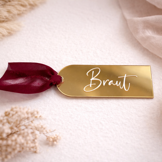 Platzkarte mit Chiffonband Tiefrot in Gold