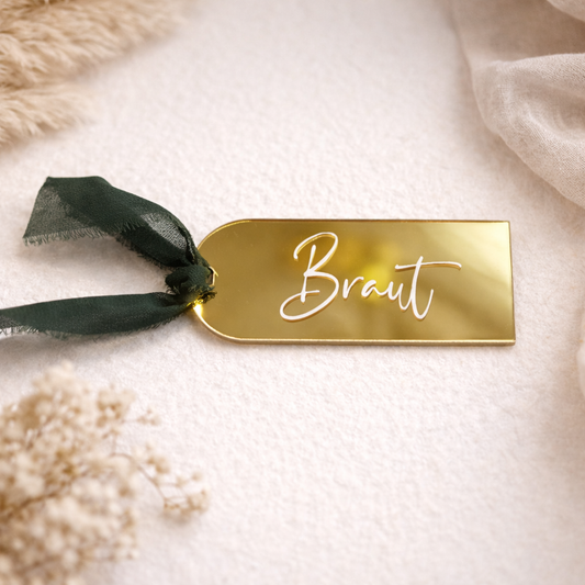 Platzkarte mit Chiffonband Waldgrün in Gold