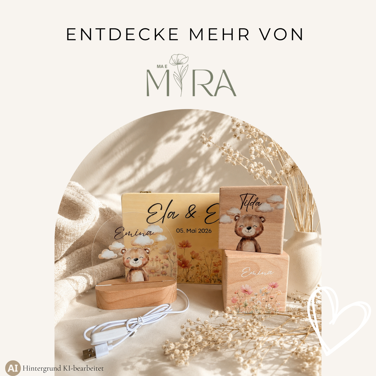 Weitere ma e mira Produkte: personalisiertes Teddy-Nachtlicht „Emina", Erinnerungskiste aus Holz und Namenswürfel mit Wildblumen