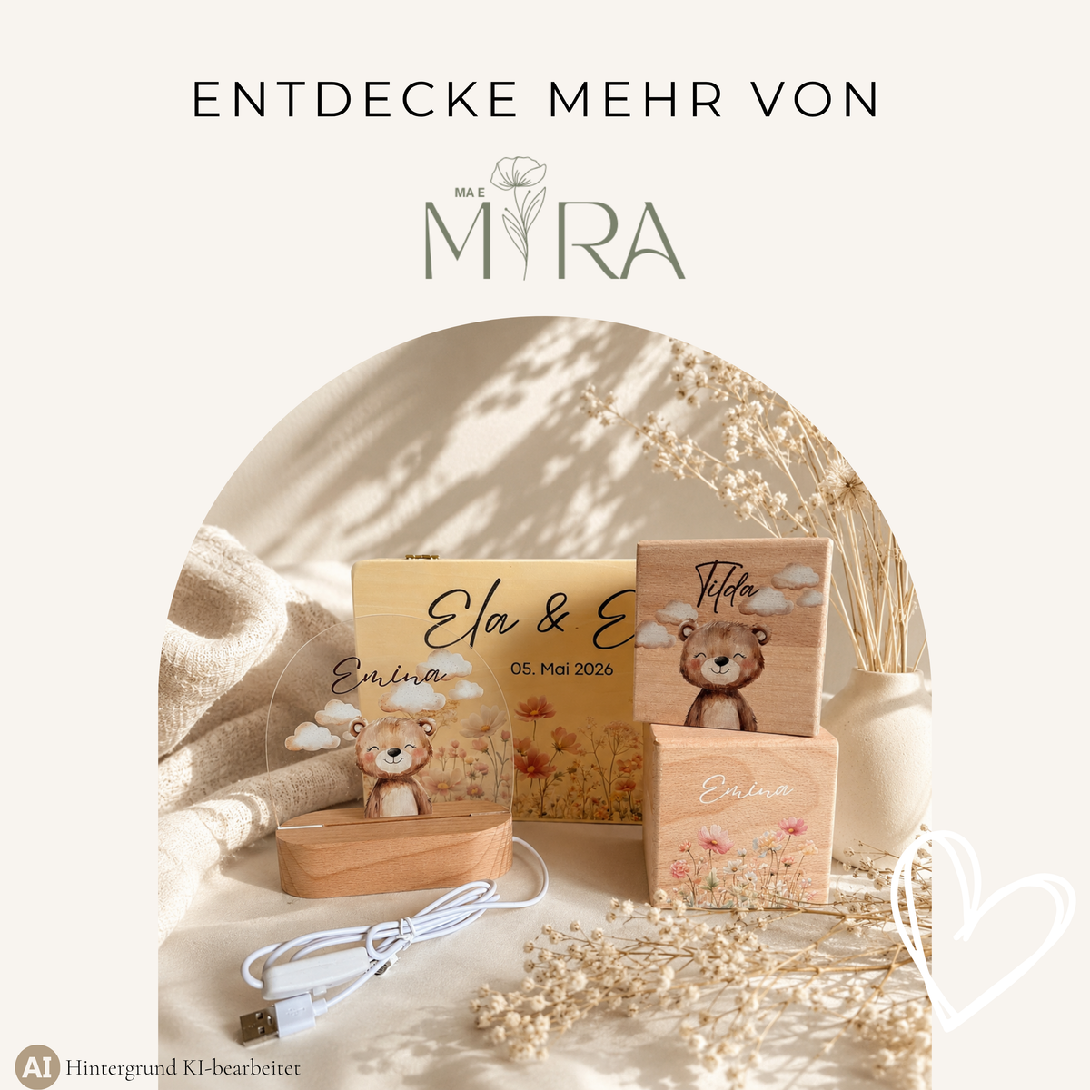 Weitere ma e mira Produkte: personalisiertes Teddy-Nachtlicht und Erinnerungskisten aus Holz mit Namen „Tilda" und „Emina"