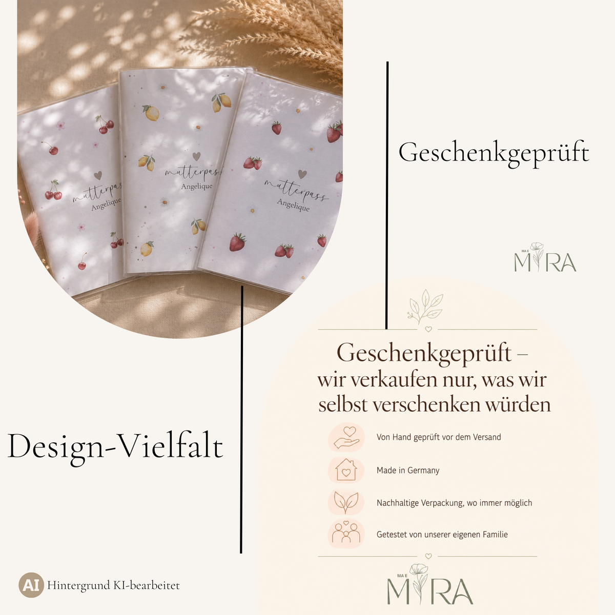 Design-Vielfalt der ma e mira Mutterpasshüllen: Motive mit Kirschen, Zitronen und Erdbeeren – geschenkgeprüft und Made in Germany