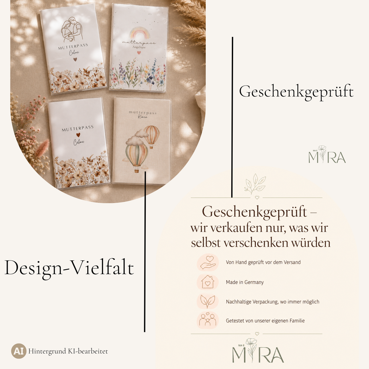 Design-Vielfalt der ma e mira Mutterpasshüllen: vier Motive (Paar, Regenbogen, Wildblumen, Heißluftballon) plus Geschenkgeprüft-Siegel und Made in Germany