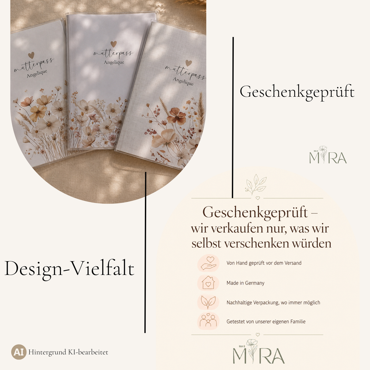 Design-Vielfalt der ma e mira Mutterpasshüllen: verschiedene Motive von getrockneten Blumen bis Line-Art – geschenkgeprüft und Made in Germany