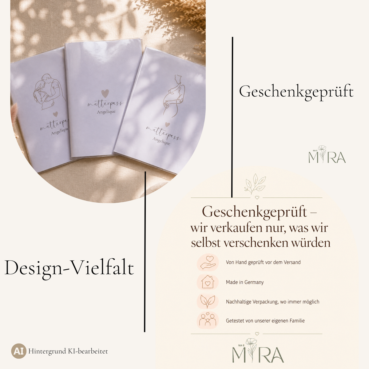 Design-Vielfalt der ma e mira Mutterpasshüllen: elegante Line-Art-Motive mit Paar und werdender Mama – geschenkgeprüft und Made in Germany