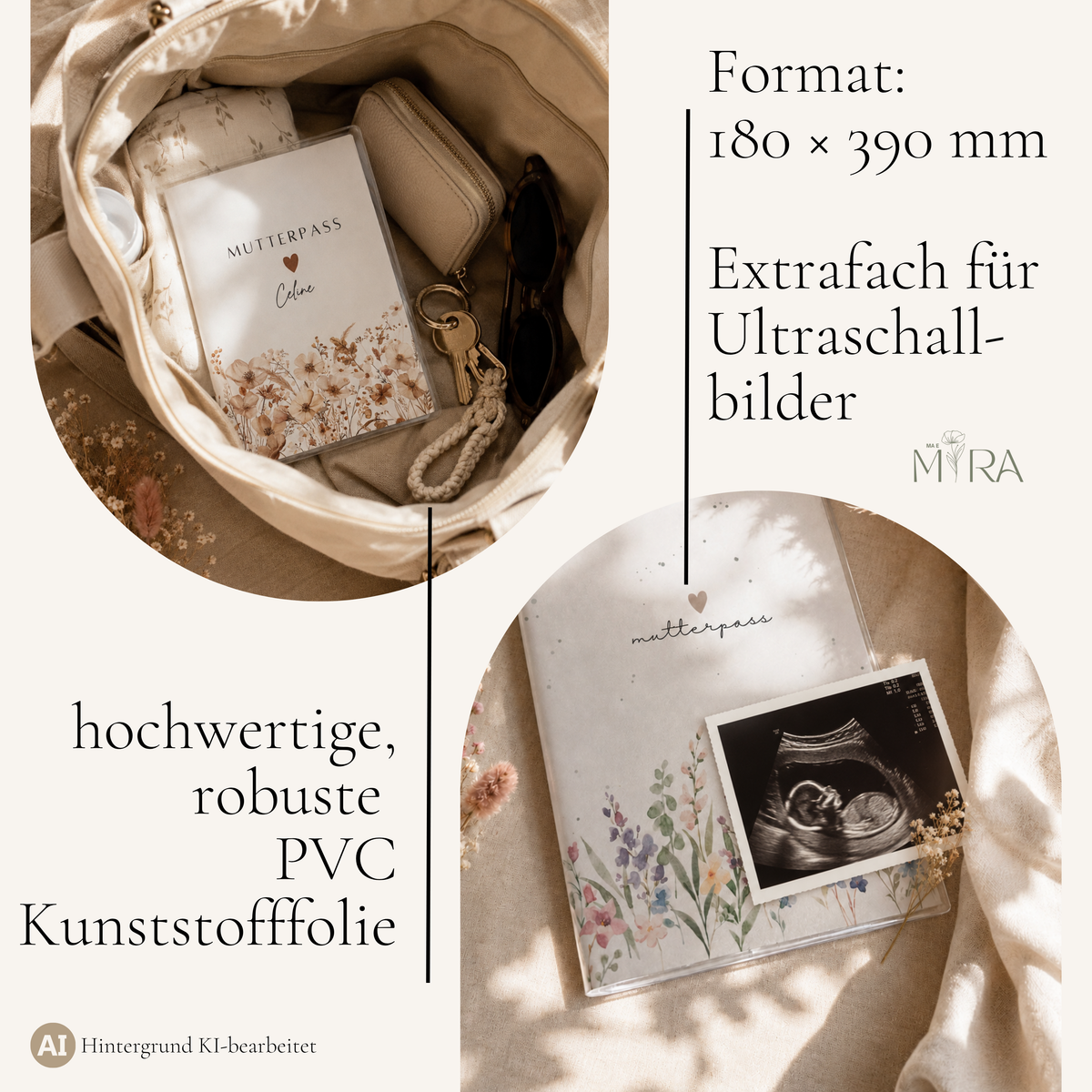 Mutterpasshülle in beiger Wickeltasche mit Schlüssel und Sonnenbrille; Format 180 × 390 mm, Extrafach für Ultraschallbild, robuste PVC-Kunststofffolie