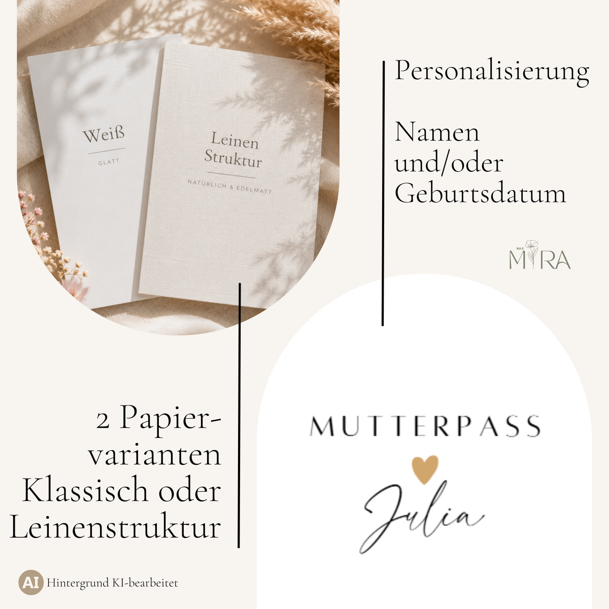 Zwei Papiervarianten der Mutterpasshülle – Weiß glatt und Leinenstruktur – mit Personalisierung durch Namen „Julia" und/oder Geburtsdatum