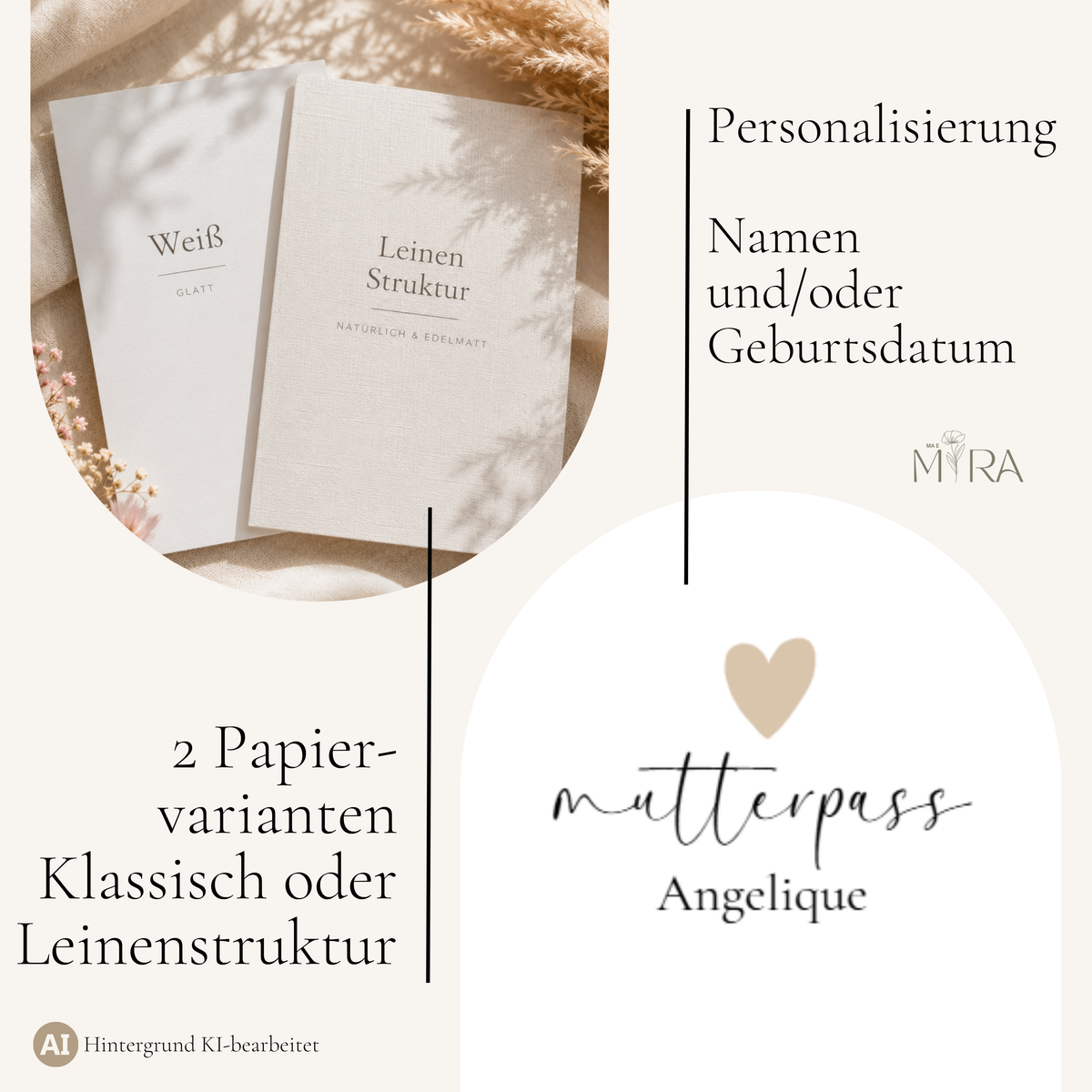Zwei Papiervarianten der Mutterpasshülle – Weiß glatt und Leinenstruktur – Personalisierung mit Namen und/oder Geburtsdatum