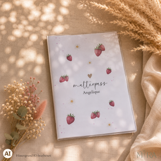 Personalisierte Mutterpasshülle „Freya" mit Erdbeeren-Aquarell und Gänseblümchen, Schriftzug „mutterpass Angelique" auf hellem Untergrund – ma e mira