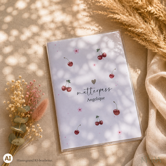 Personalisierte Mutterpasshülle „Kira" mit Kirschen-Aquarell und zarten Blüten, Schriftzug „mutterpass Angelique" auf hellem Untergrund – ma e mira