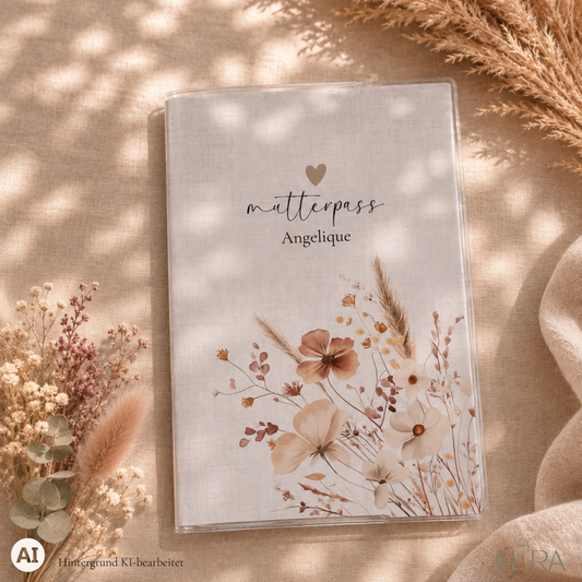 Personalisierte Mutterpasshülle „Elin“ mit getrockneten Blumen im Vintage-Look, seitlich aufsteigend, und Schriftzug „mutterpass Angelique“ auf hellem Untergrund – ma e mira