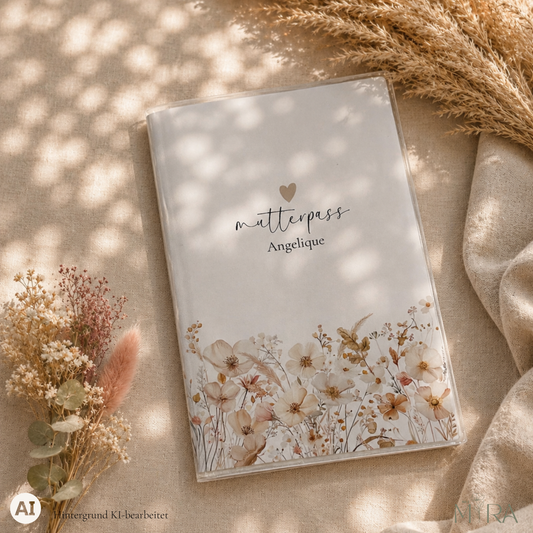 Personalisierte Mutterpasshülle „Mila“ mit zarter Trockenblumenwiese im Vintage-Look und Schriftzug „mutterpass Angelique“ auf hellem Untergrund – ma e mira