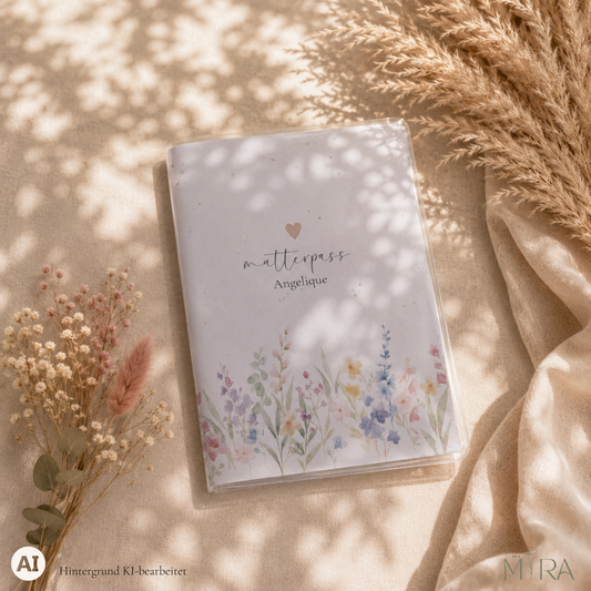 Personalisierte Mutterpasshülle mit Wildblumen-Aquarell und Schriftzug „mutterpass" auf beigem Leinen mit Trockenblumen – ma e mira