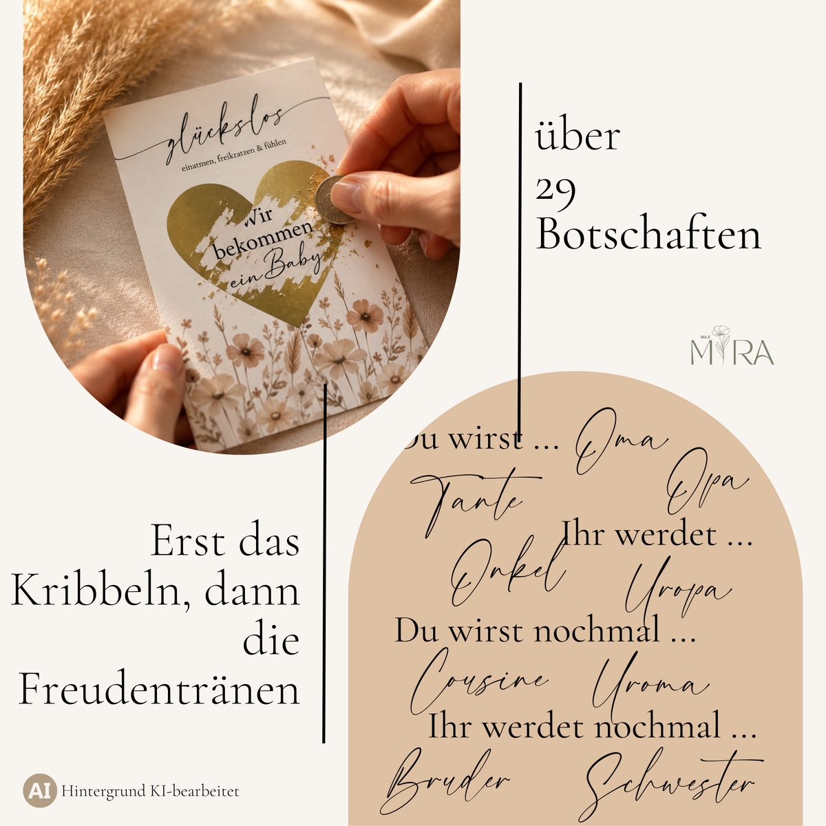 Rubbellos wird mit einer Münze freigerubbelt, darunter Botschaft Wir bekommen ein Baby, über 29 Botschaften wählbar