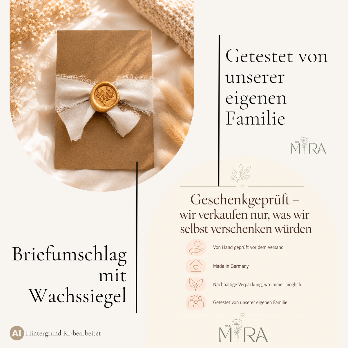 Geschenkgeprüft: von Hand geprüft, Made in Germany, nachhaltige Verpackung – ma e mira