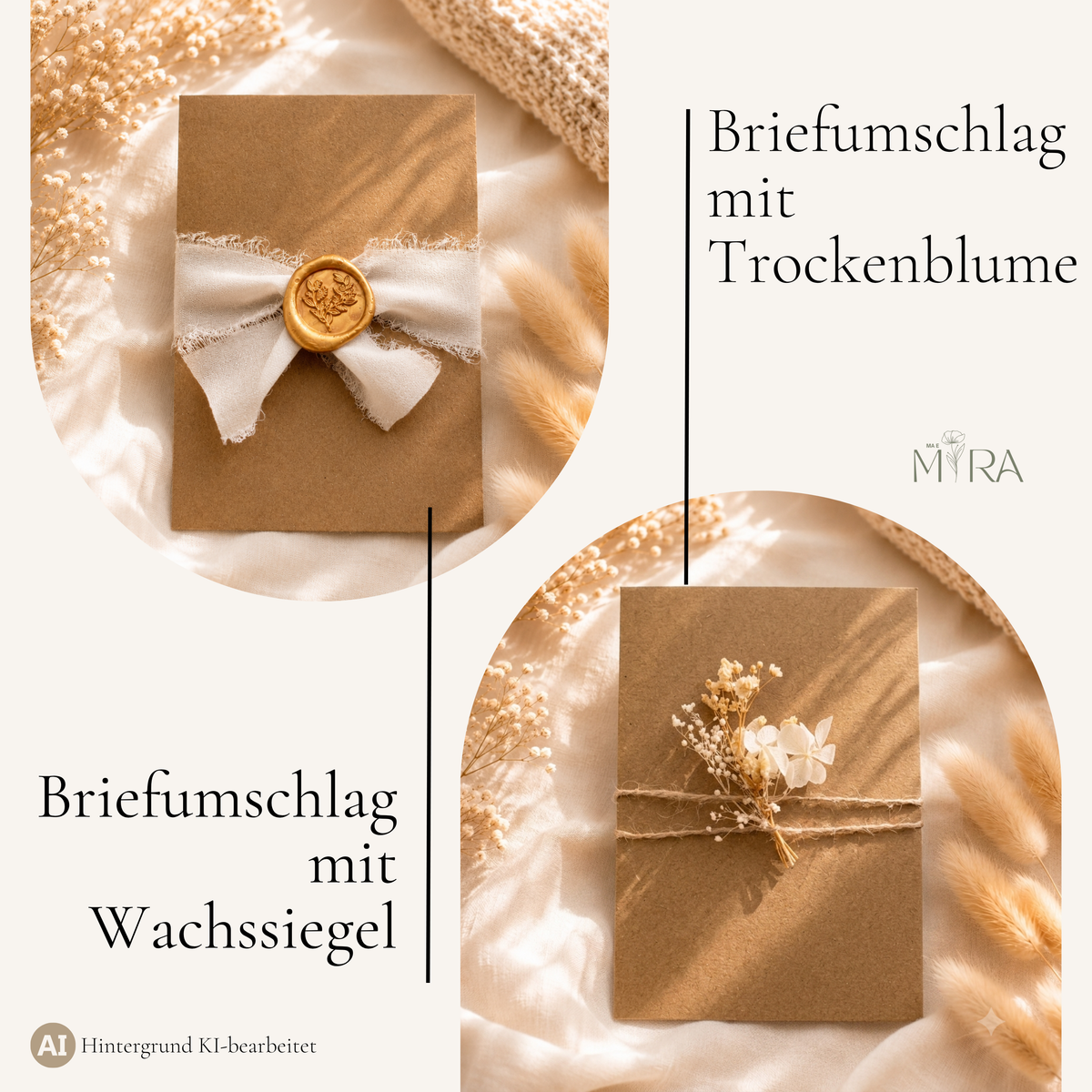 Rubbellos geschenkfertig im Kraft-Umschlag mit Wachssiegel, Schleife und getrockneter Blume