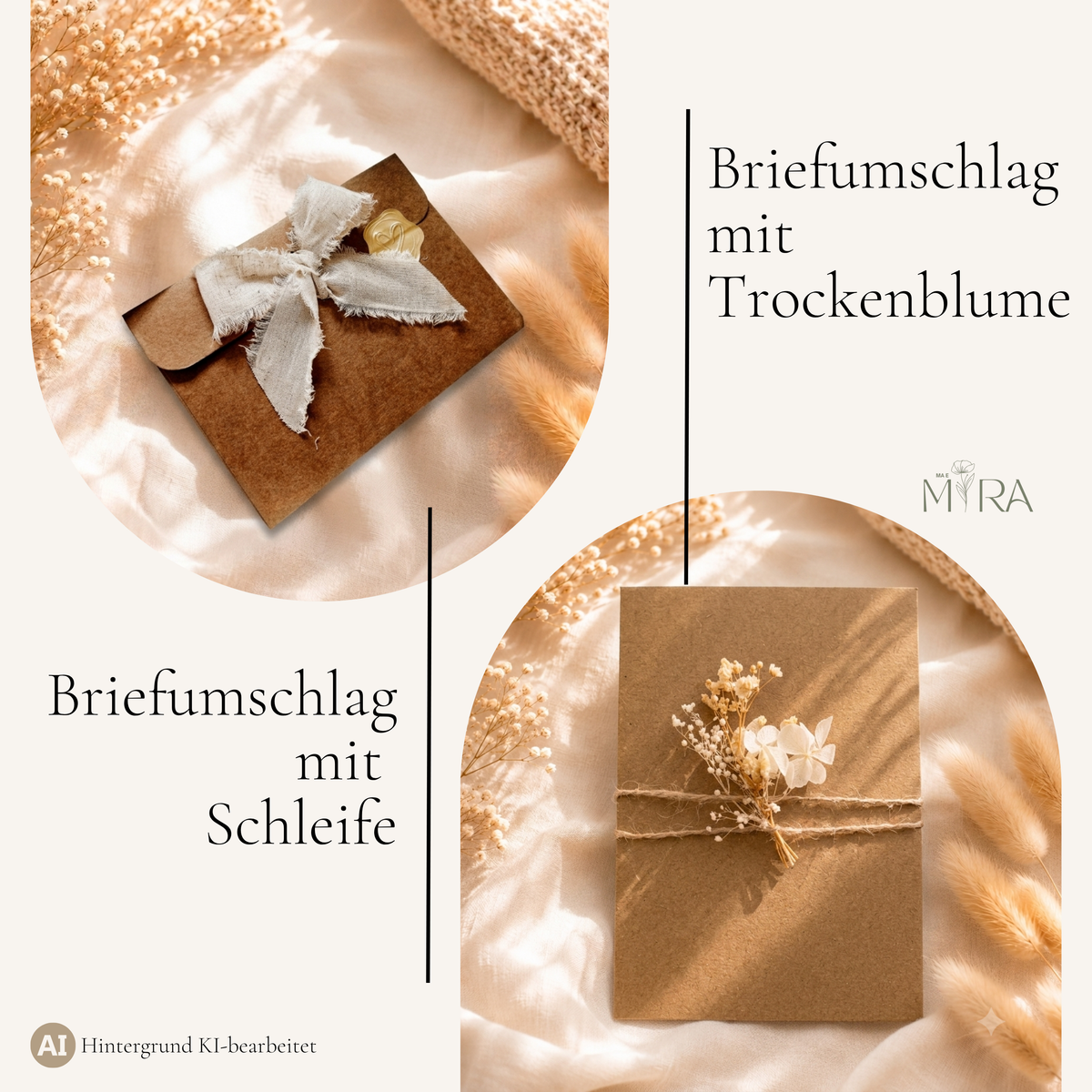 Rubbellos geschenkfertig im Kraft-Umschlag mit Schleife, Trockenblume oder Wachssiegel