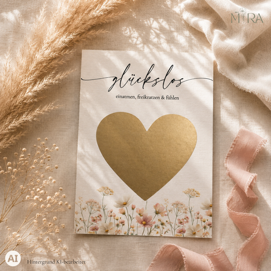Personalisiertes Rubbellos zur Schwangerschaftsverkündung „Glückslos", zarte Wildblumen in Rosé mit goldenem Rubbel-Herz – ma e mira