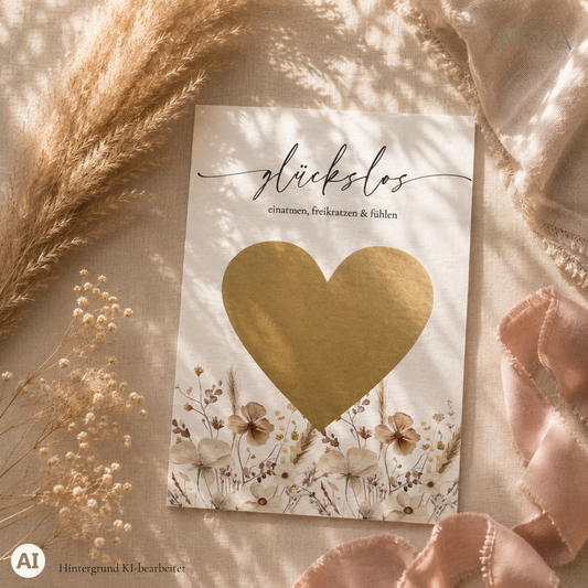 Personalisiertes Rubbellos zur Schwangerschaftsverkündung „Glückslos", getrocknete Wildblumen in Beige mit goldenem Rubbel-Herz – ma e mira