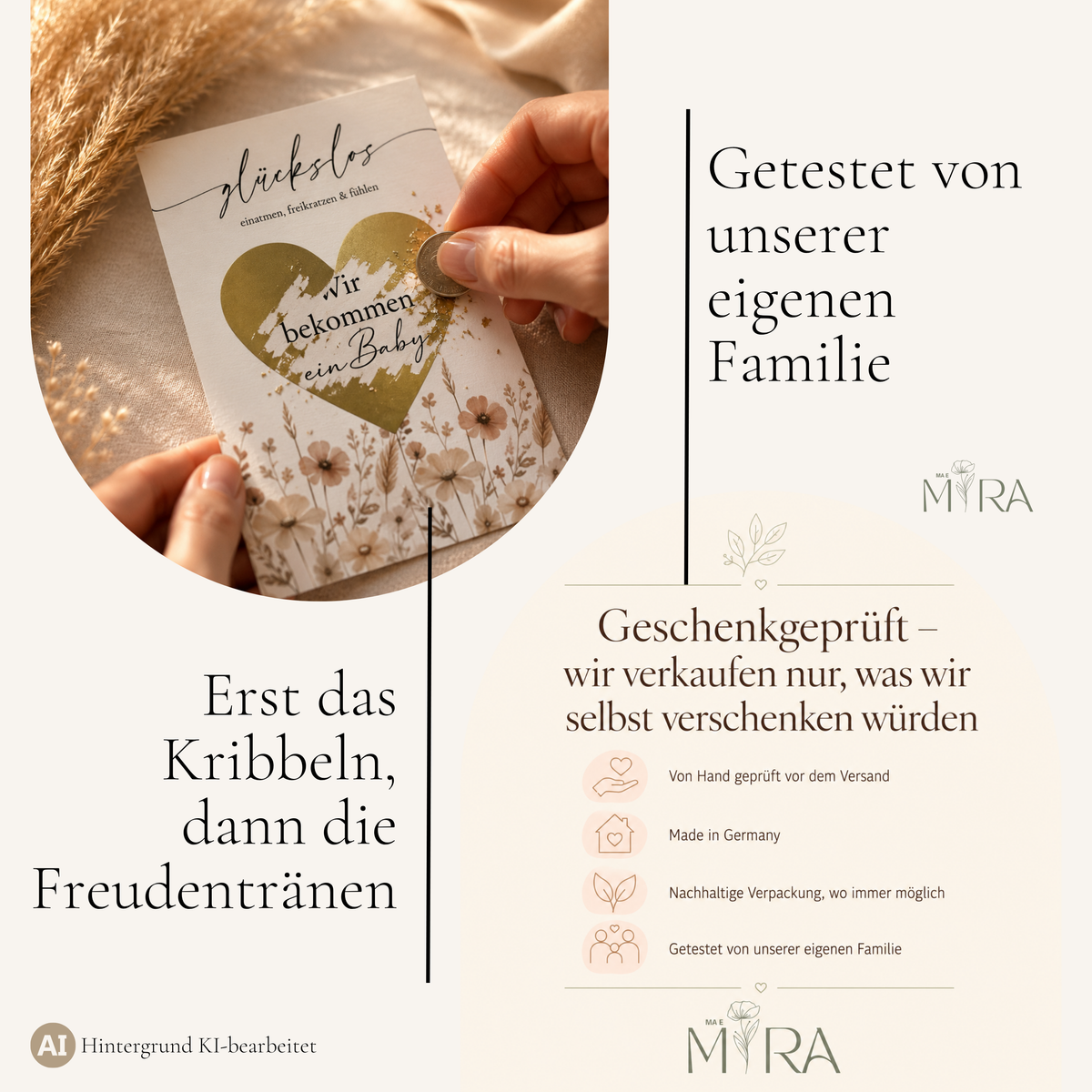 Rubbellos wird mit einer Münze freigerubbelt, unter dem Goldherz erscheint die Botschaft Wir bekommen ein Baby