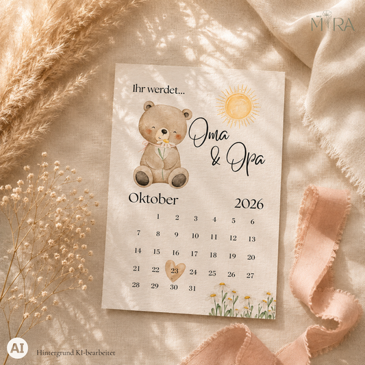 Personalisierte Kalenderkarte zur Schwangerschaftsverkündung, Teddybär-Aquarell mit Sonne, Entbindungstermin als Herz markiert – ma e mira