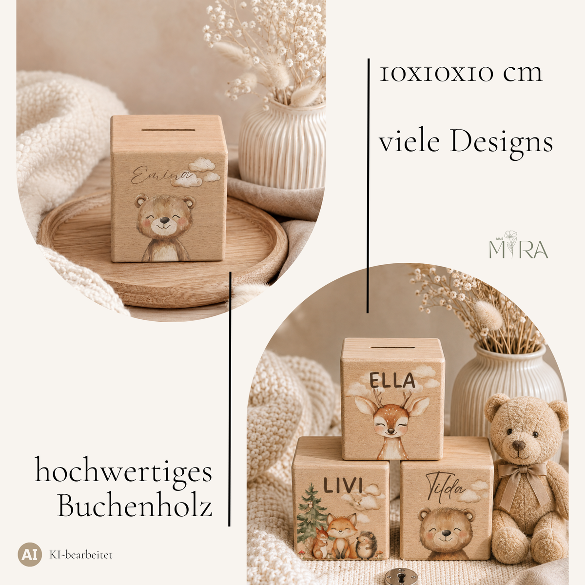 Holzspardose Teddybär aus Buchenholz, 10x10x10 cm, viele Kinder-Designs