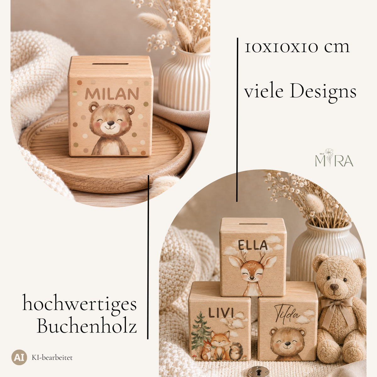 Holzspardose Teddybär Konfetti-Zauber aus Buchenholz, 10x10x10 cm, viele Kinder-Designs