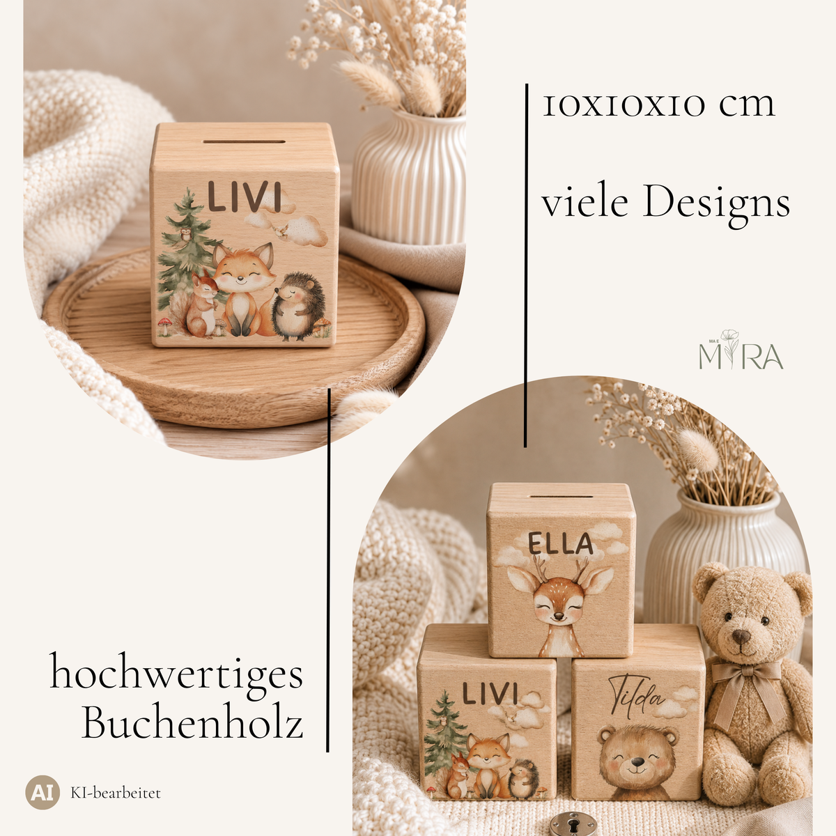 Holzspardose Fuchs und Waldtiere aus Buchenholz, 10x10x10 cm, viele Kinder-Designs