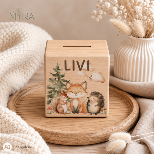 Personalisierte Holzspardose mit Fuchs und Waldtieren, Design „Waldabenteuer" von ma e mira