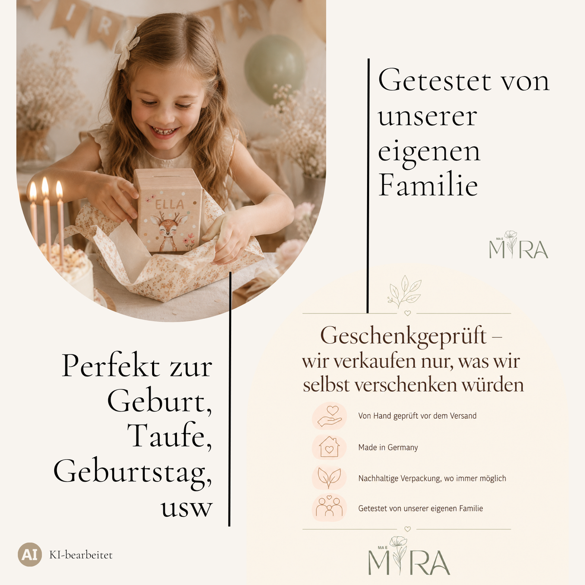 Kind öffnet personalisierte Spardose zum Geburtstag – geschenkgeprüft