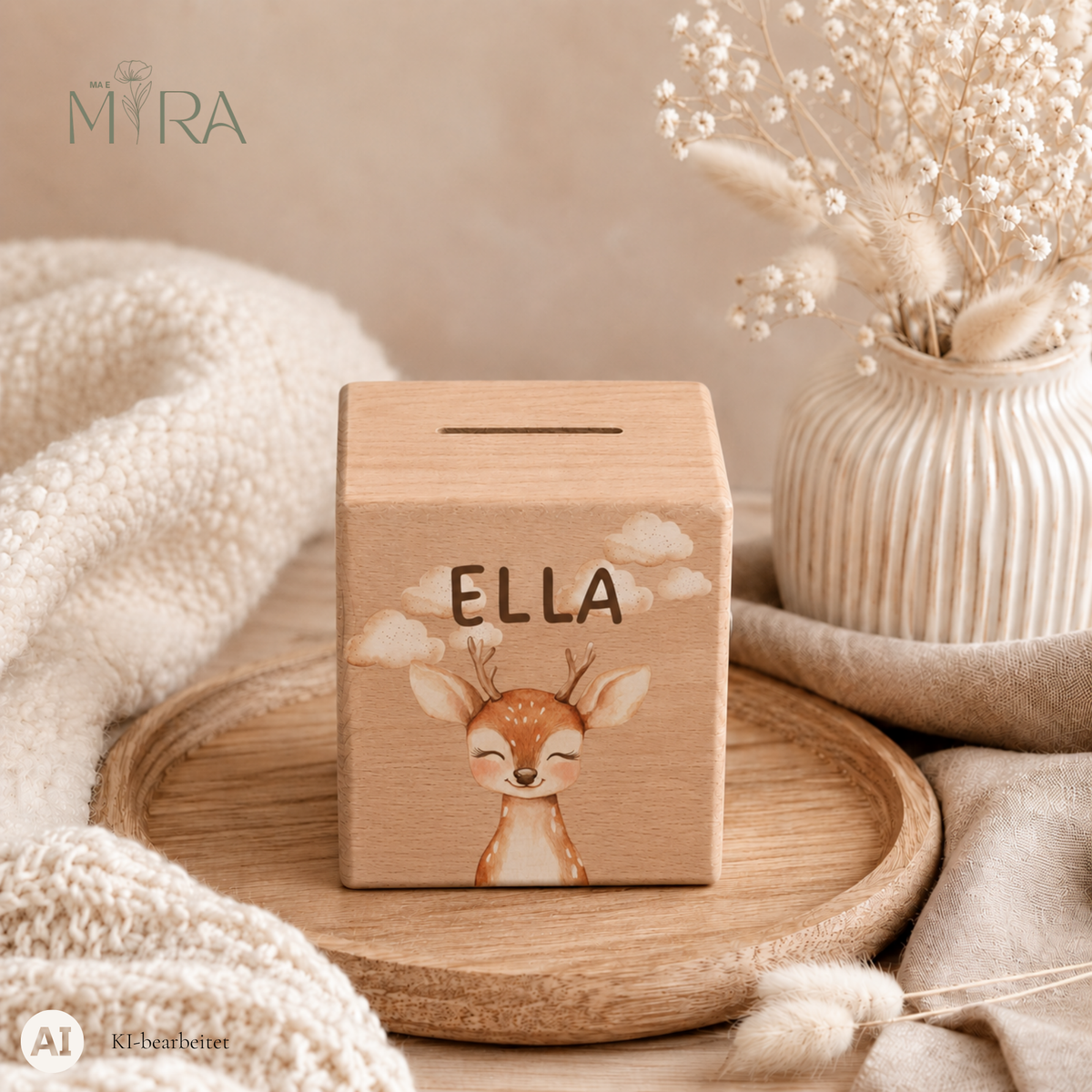 Personalisierte Holzspardose mit Reh und Namen, Design „Rehkind" von ma e mira