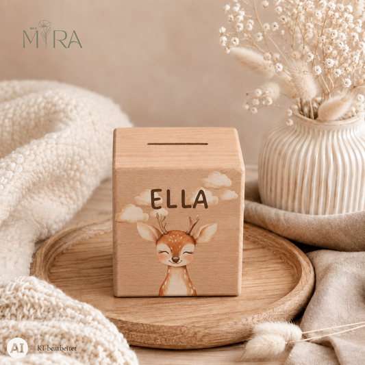 Personalisierte Holzspardose mit Reh und Namen, Design „Rehkind" von ma e mira
