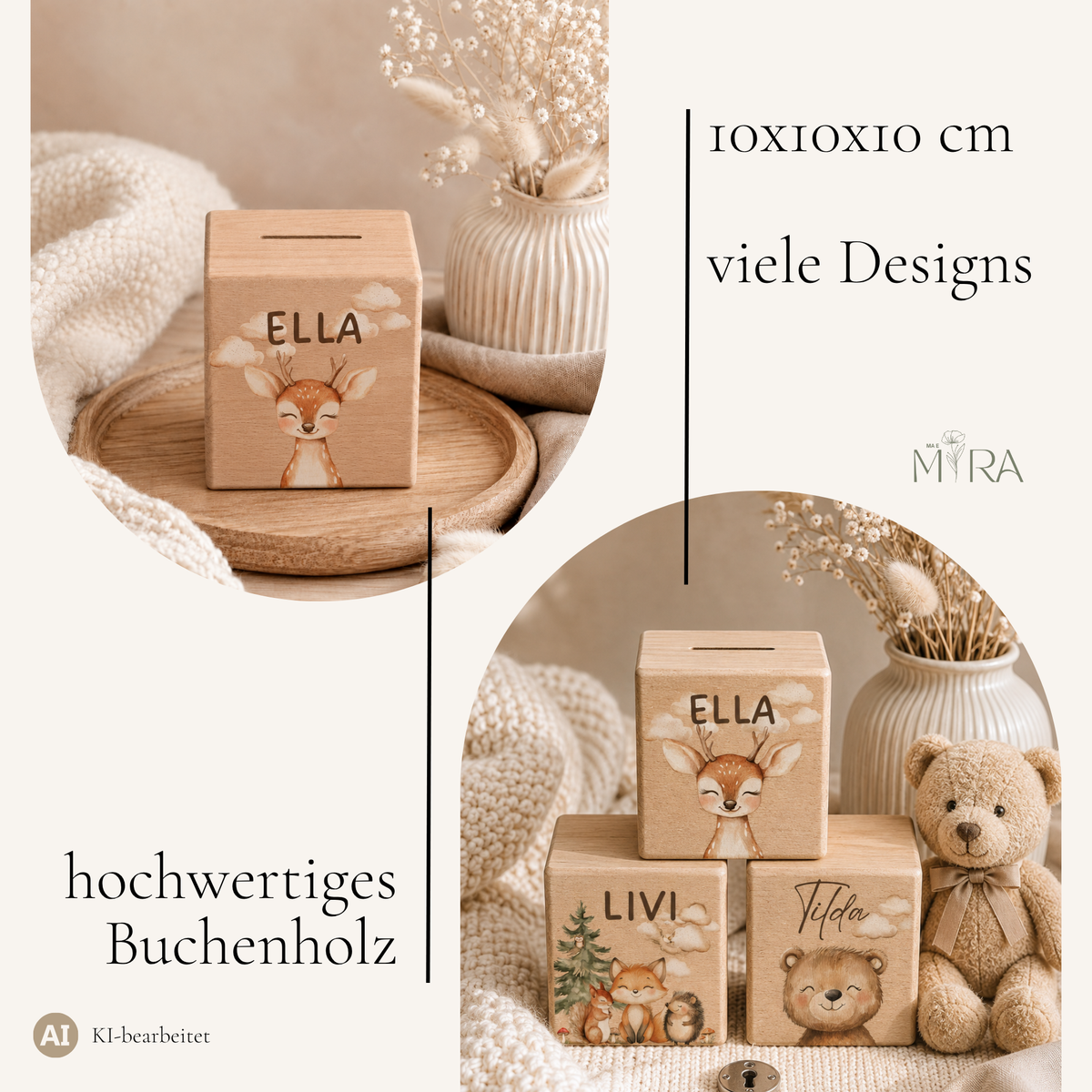 Holzspardose Reh aus Buchenholz, 10x10x10 cm, viele Kinder-Designs