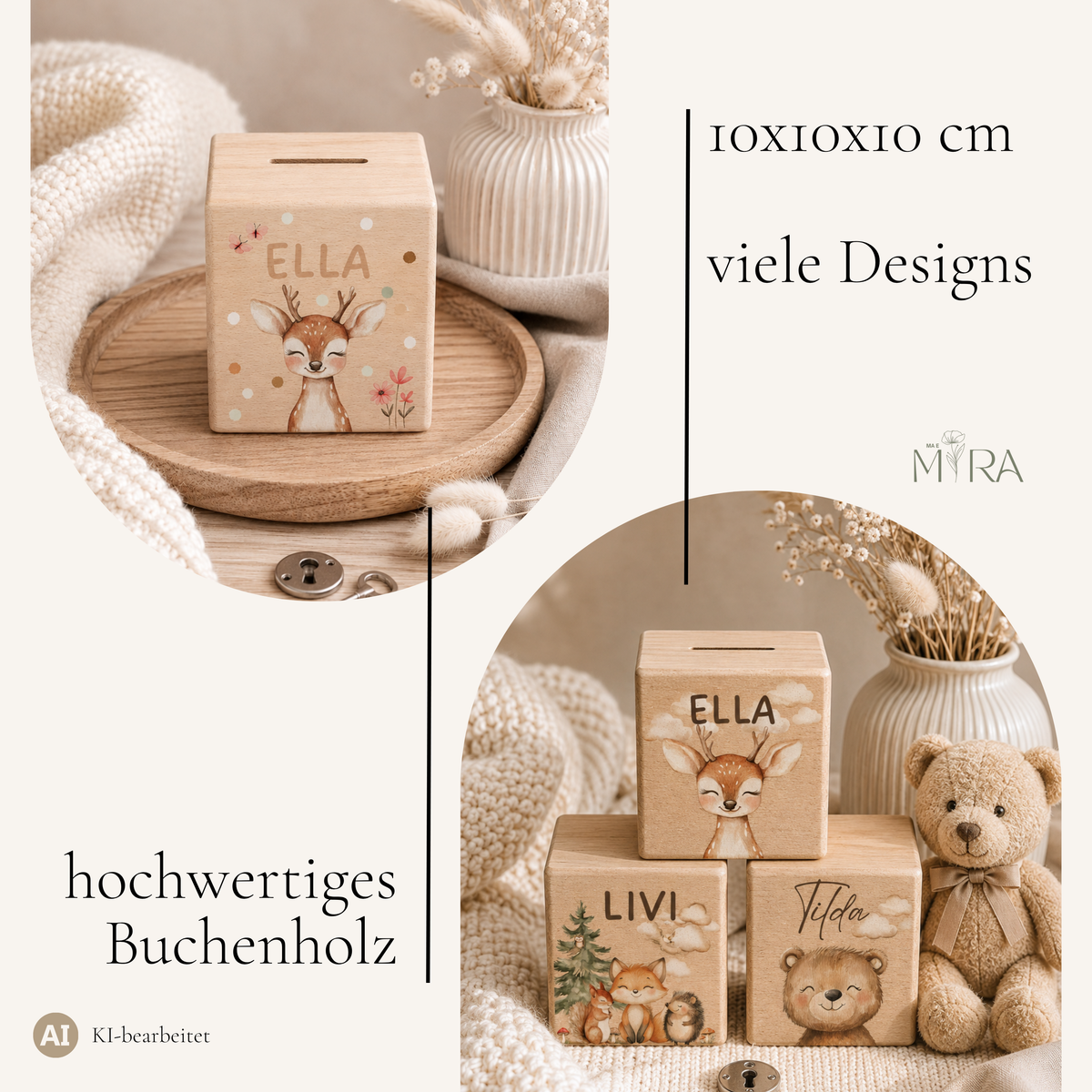Holzspardose Reh Konfetti-Zauber aus Buchenholz, 10x10x10 cm, viele Kinder-Designs