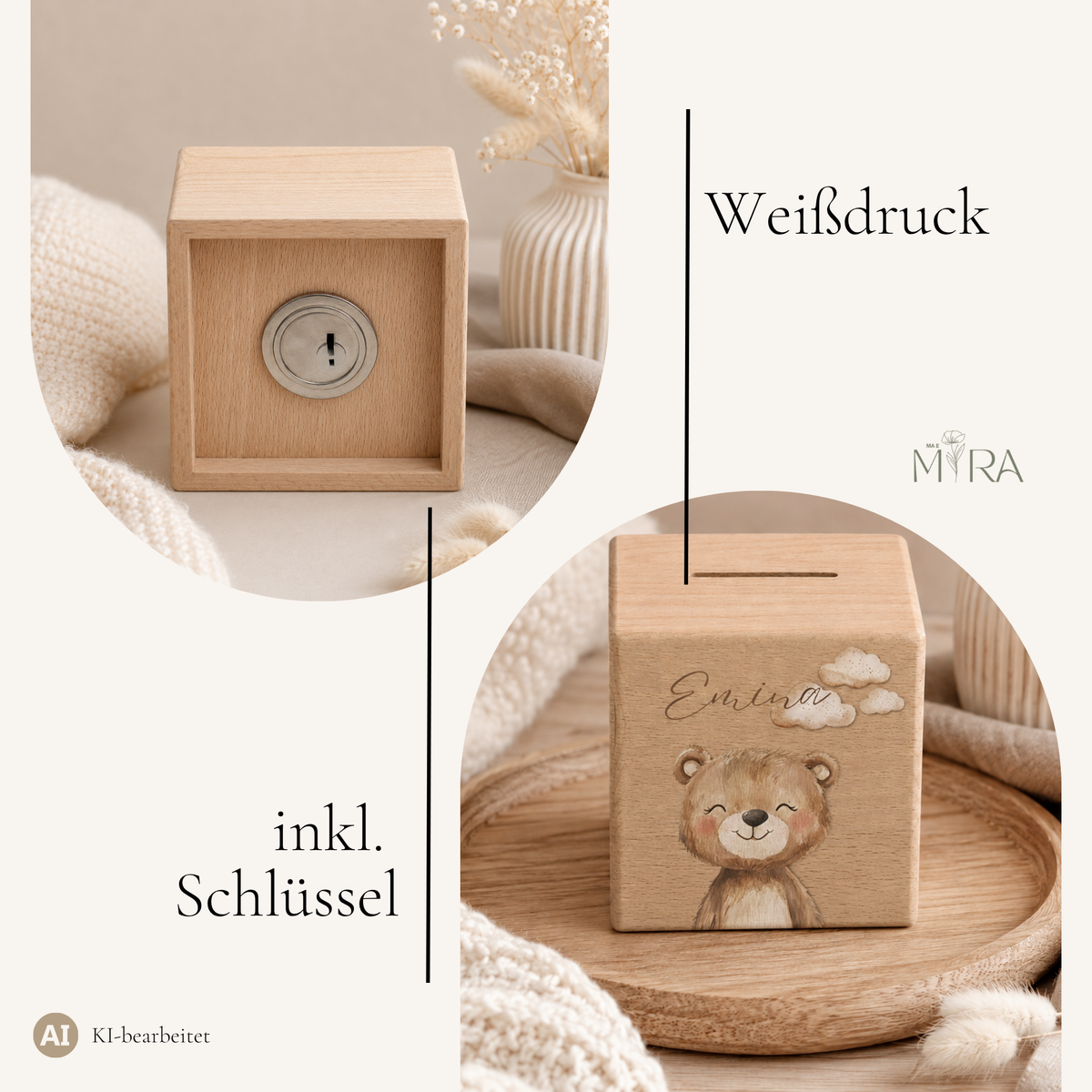 Holzspardose mit Schloss und Schlüssel, brillanter Weißdruck – Detailansicht