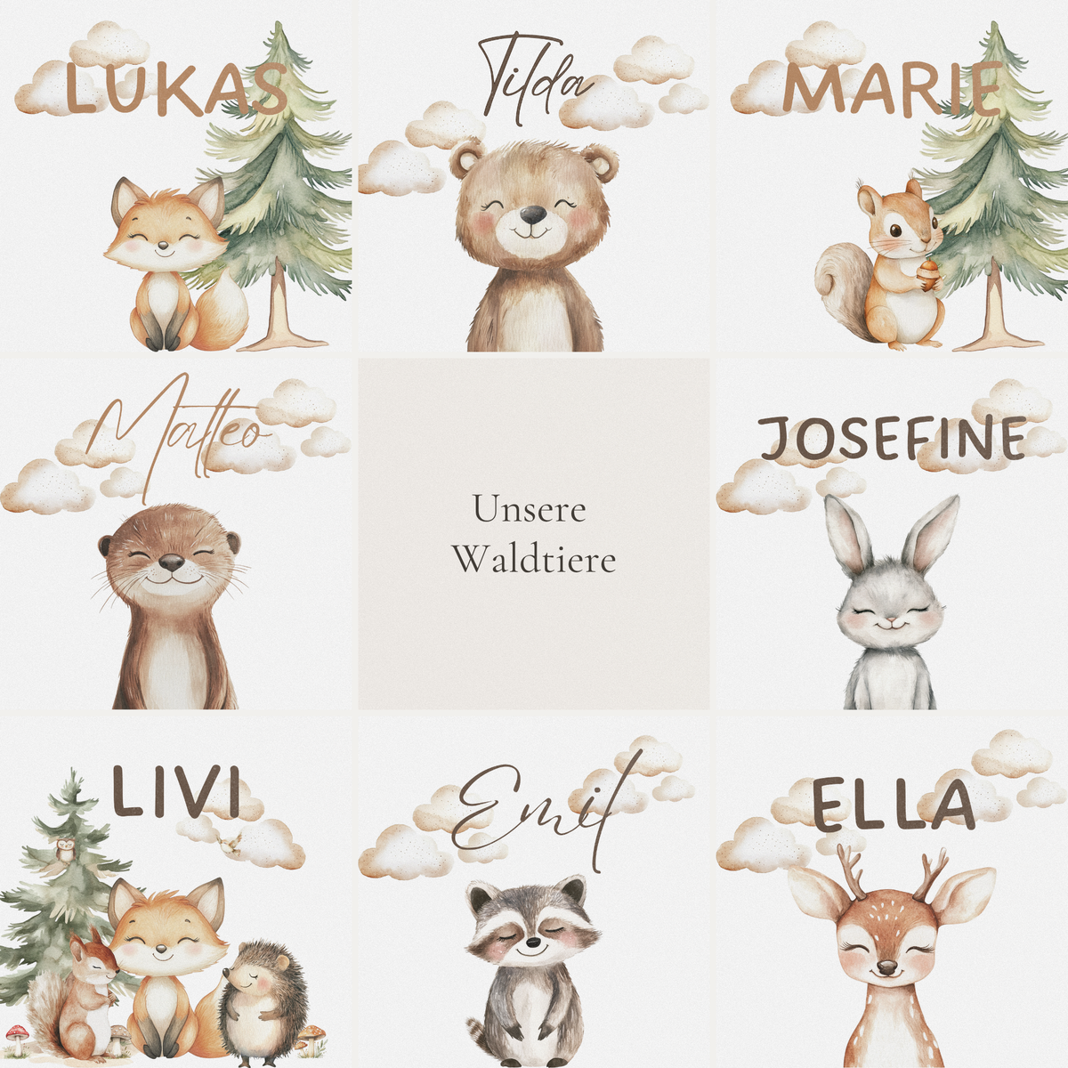 Viele Tier-Designs der personalisierten Holzspardose: Reh, Bär, Fuchs, Hase u. a.