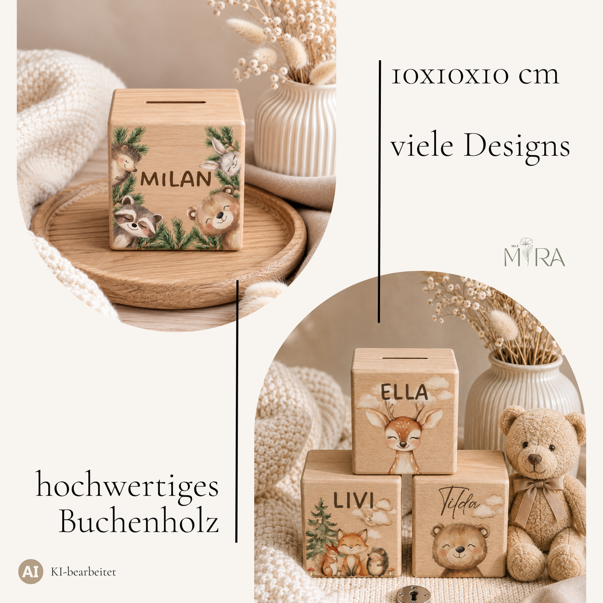Holzspardose Waldtiere aus Buchenholz, 10x10x10 cm, viele Kinder-Designs