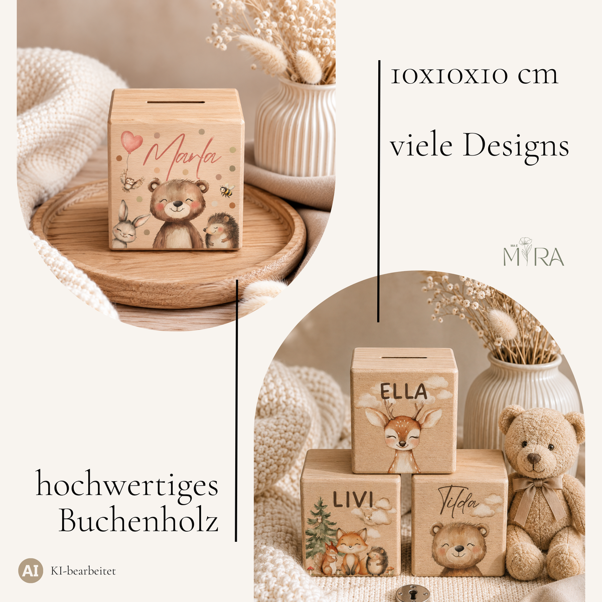 Holzspardose Waldtiere Konfetti-Zauber aus Buchenholz, 10x10x10 cm, viele Kinder-Designs