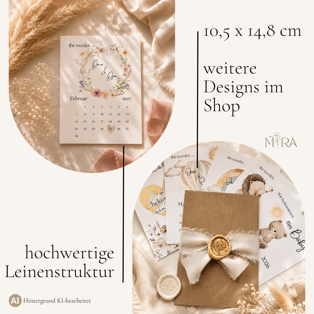 Verkündungskarte Blütentraum im Format 10,5 × 14,8 cm (A6) mit hochwertiger Leinenstruktur