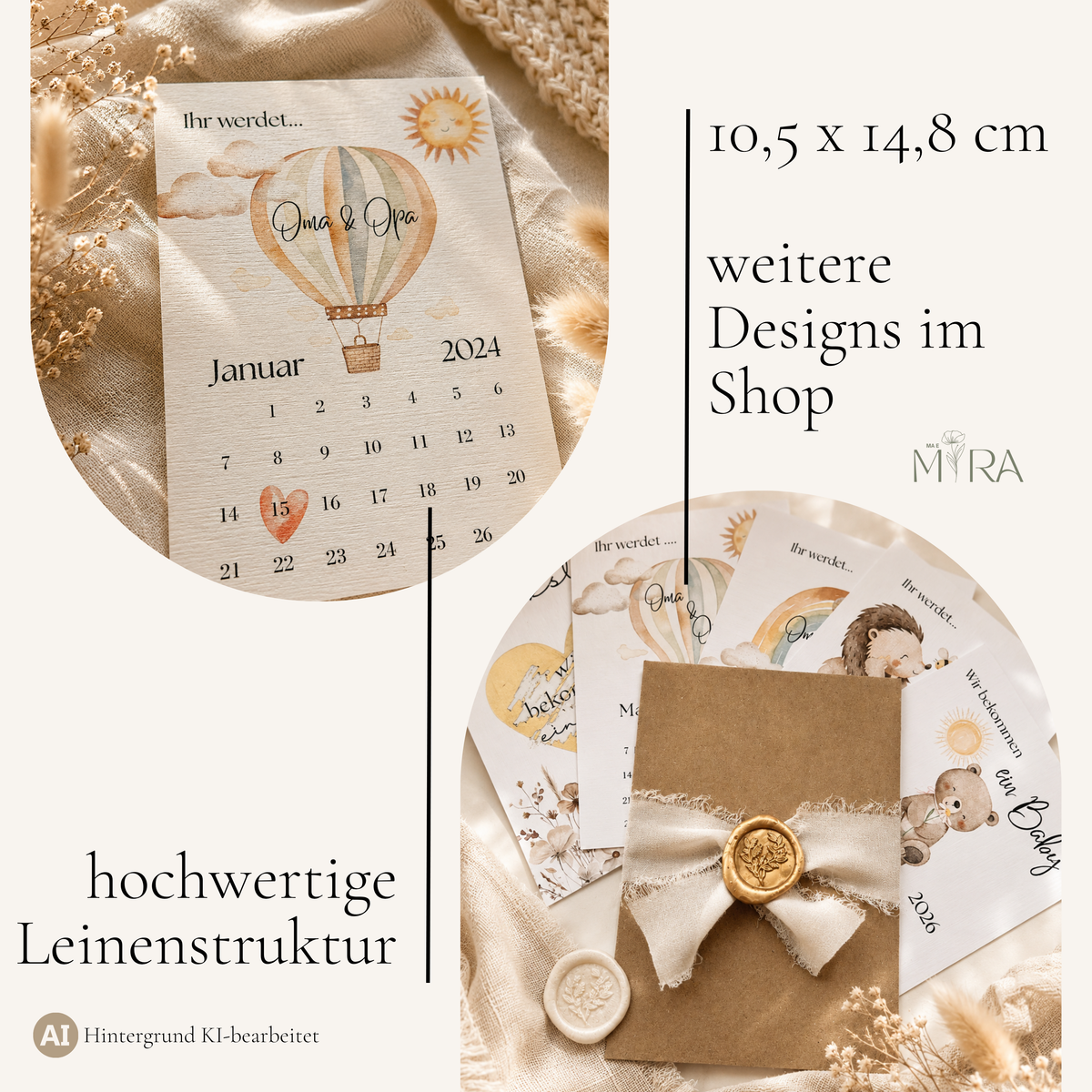 Verkündungskarte im Format 10,5 × 14,8 cm (A6) mit hochwertiger Leinenstruktur, Design Wolkenreise