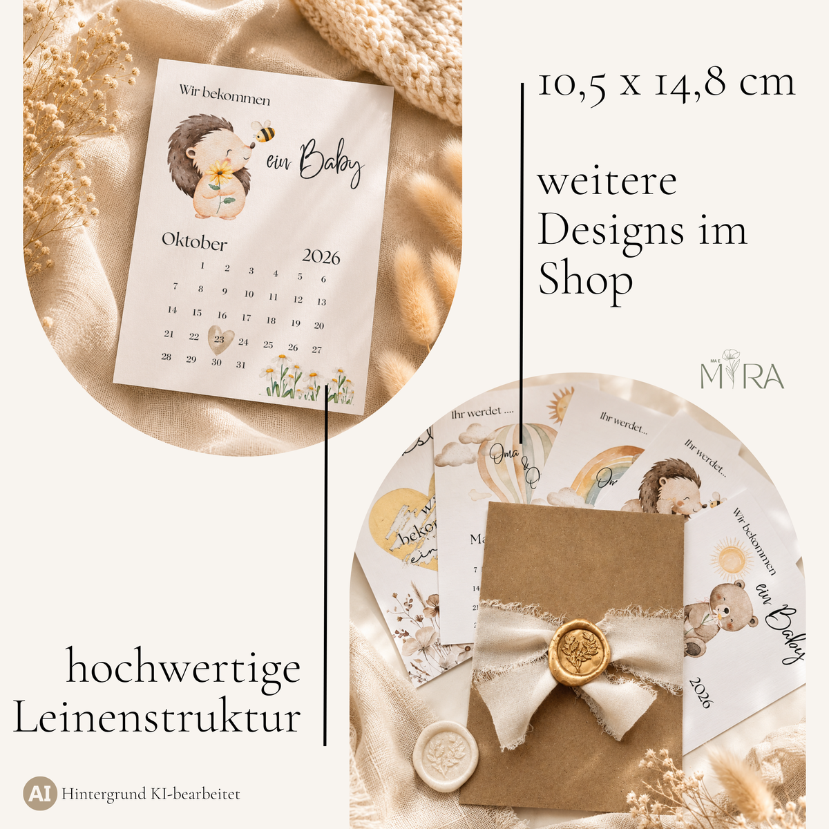 Verkündungskarte Igelchen im Format 10,5 × 14,8 cm (A6) mit hochwertiger Leinenstruktur