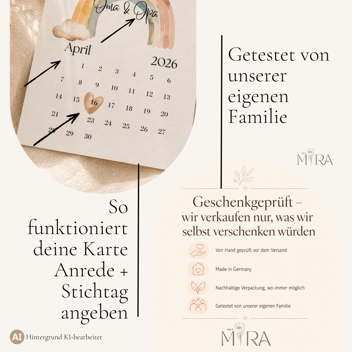 Erklärung der Personalisierung: Entbindungstermin als Herz im Kalenderblatt, mit Monat und Jahr