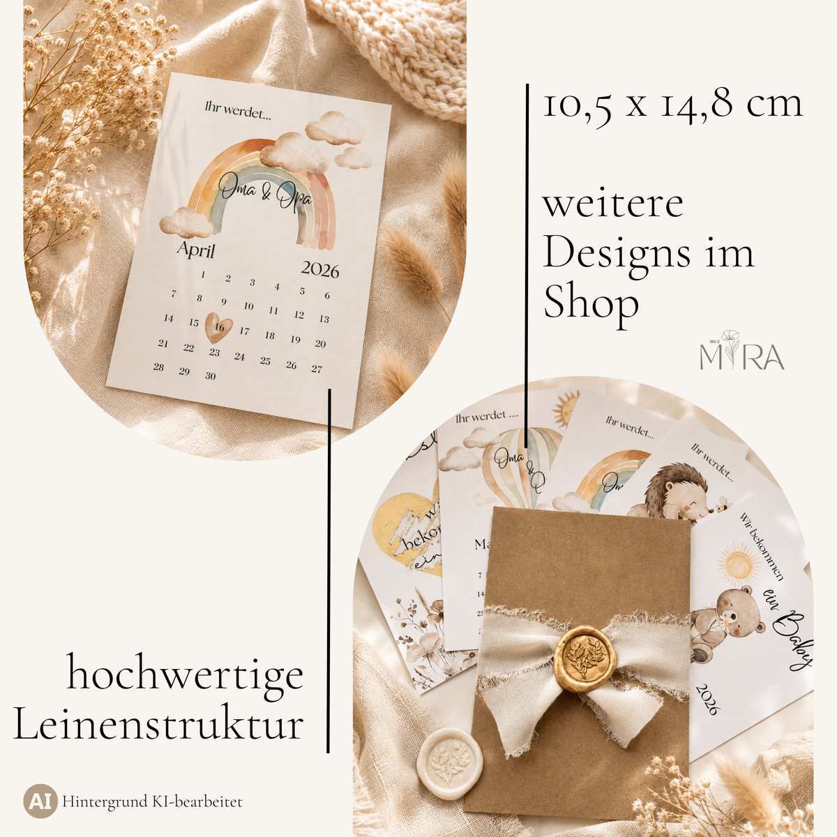 Verkündungskarte Regenbogen im Format 10,5 × 14,8 cm (A6) mit hochwertiger Leinenstruktur