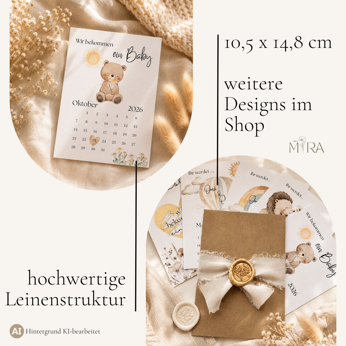 Verkündungskarte Teddybär im Format 10,5 × 14,8 cm (A6) mit hochwertiger Leinenstruktur